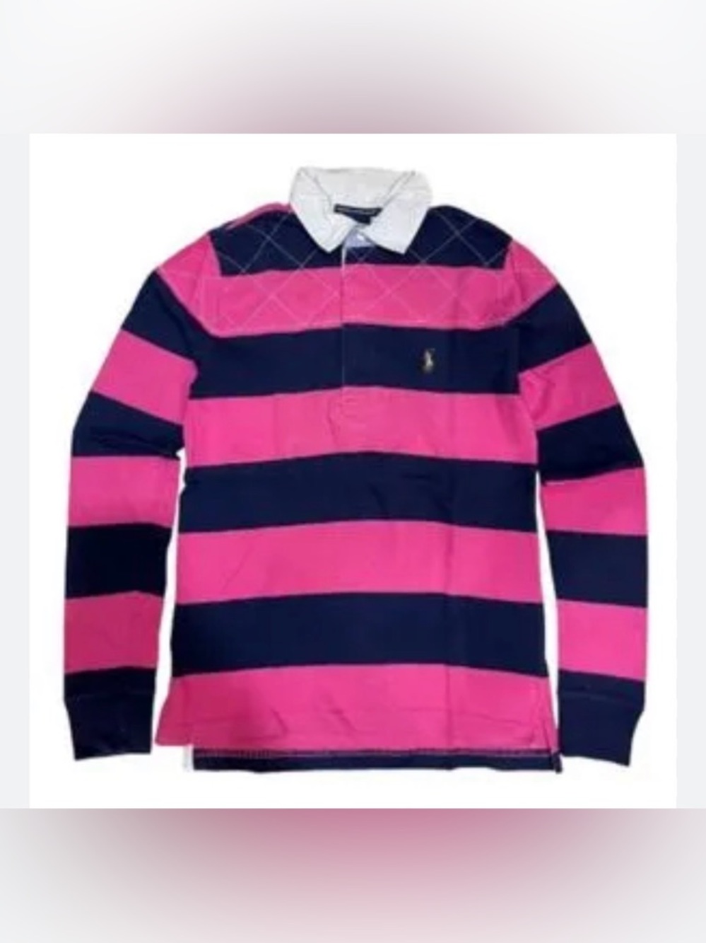 Vintage Polo Ralph Lauren Iconic Rugby Shirt in a hot pink and navy blue striped